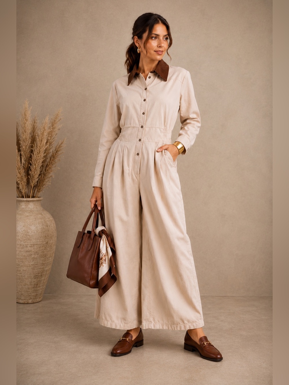 GIGIO Wide-Leg Utility Jumpsuit – Natural